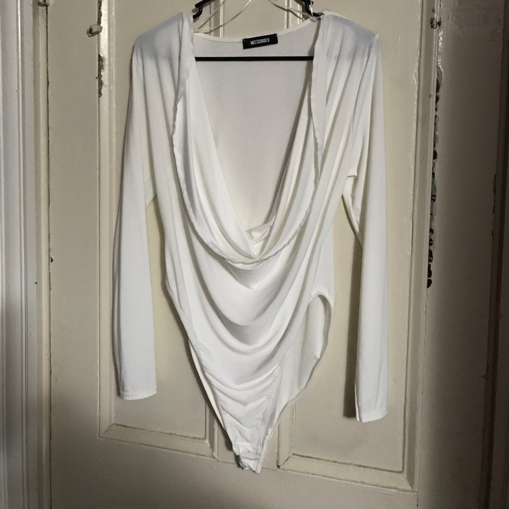 White plunge neck bodysuit